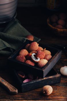 Delicious Fruits of Lychee in Rustic Box