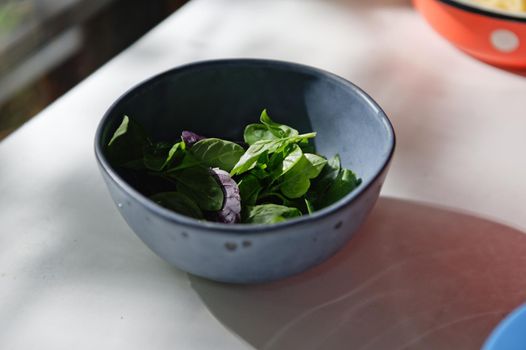 Close-up. Freshly picked basil leaves - fragrant culinary herbs in a navy blue ceramic bowl, on white table background. Food still life. Copy ad space