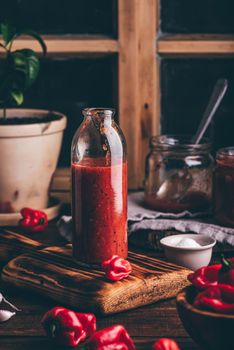 Preparing of Homemade Hot Chili Sauce with Habanero Peppers, Charred Bell Peppers and Tomatoes