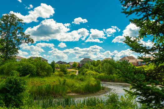 The road to the village is immersed in greenery and runs along a small duck lake.