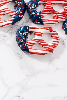 American flag. Red, white, and blue chocolate-covered pretzel twists.