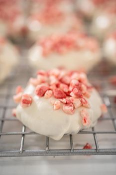 Dipping chocolate cookies into the melted white chocolate to prepare peppermint white chocolate cookies.