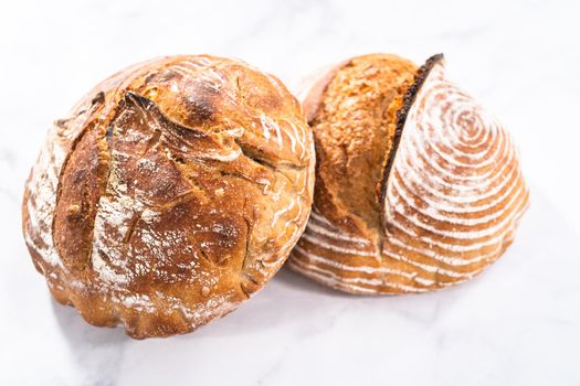 Freshly baked loaf of a wheat sourdough bread with marks from bread proofing basket.