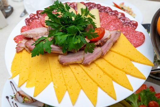 A plate of cold appetizers with various sausages, meat, and cheese. Greens and tomatoes