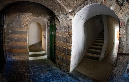 Narrow streets with many stairs going up and down in Positano Italy