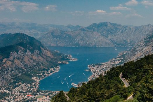 Beautiful nature mountains landscape. Kotor bay, Montenegro. Views of the Boka Bay, with the cities of Kotor and Tivat with the top of the mountain, Montenegro.