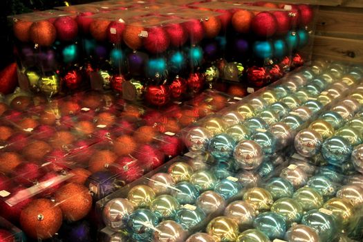 Christmas decorations on display in a christmas retail shop