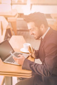 Happy freelancer hipster portrait. Man in suit work in cafe. Business online technology. Healthy lifestyle. Healthy food.