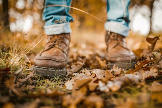 Man Hiking On Yellow Leaves, Close Up Of Male Foot In Brown Leather Shoes And In Blue Jeans Walking On Forest Footpath Outdoors, Selective Focus On Left Leg
