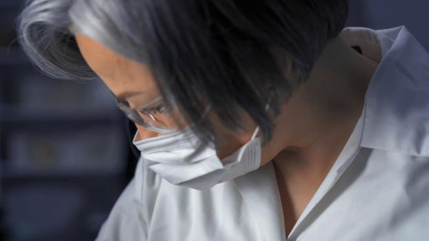 Overworked doctor exhausted by workload. Profile view of mature woman in protective mask and medical uniform looking side down. Close up portrait. Tinted image.