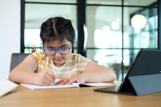 Cute and happy little girl children using laptop computer, studying through online e-learning system.