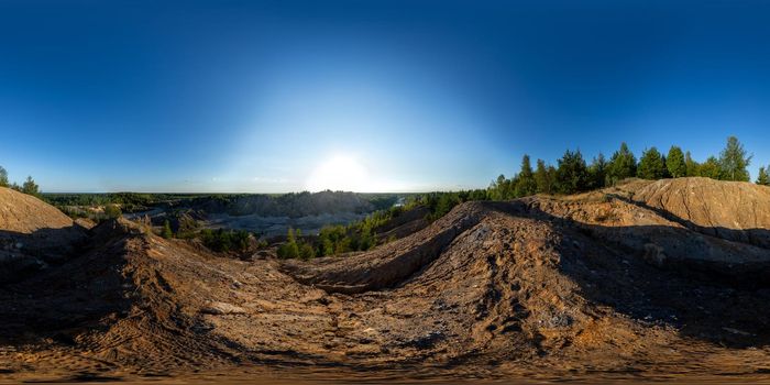 clay hills quarry in summer forest seamless spherical 360 by 180 degree panorama in equirectangular projection for vr environment map or skybox for 3D background