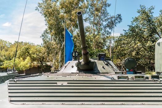 Russian amphibious military tank turret parked and ready for combat