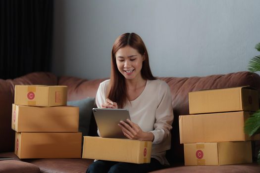 Attractive Asian entrepreneur business woman chatting with customer.