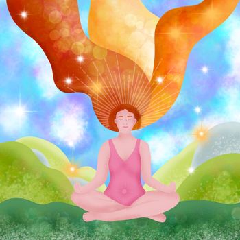 Hand drawn illsutration of a sitting fit woman in yoga lotus pose in nature landscape. Mental balance wellbeing concept, meditation meditating female with sun stars universe elements, fitness relaxation