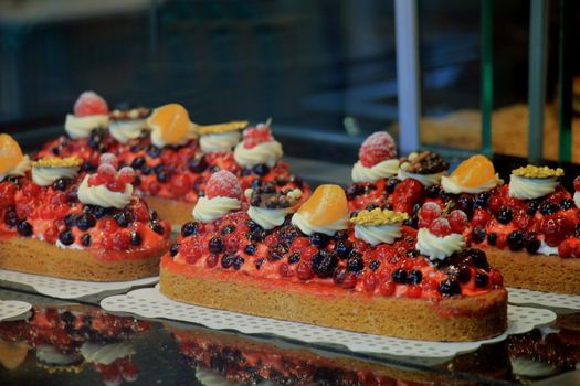 Fresh fruit confectionery, on display in a window shop