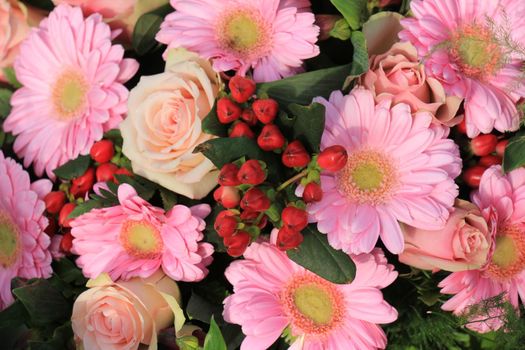 Mixed pink flowers in a floral wedding decoration