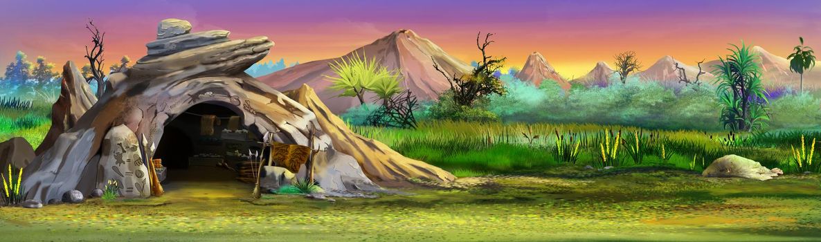 Caveman cave in prehistoric era. Digital Painting Background, Illustration.