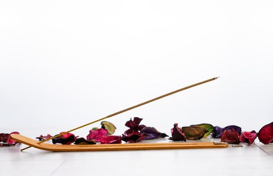 lighted incense stick in its holder with flower petals on a white background and copy-space