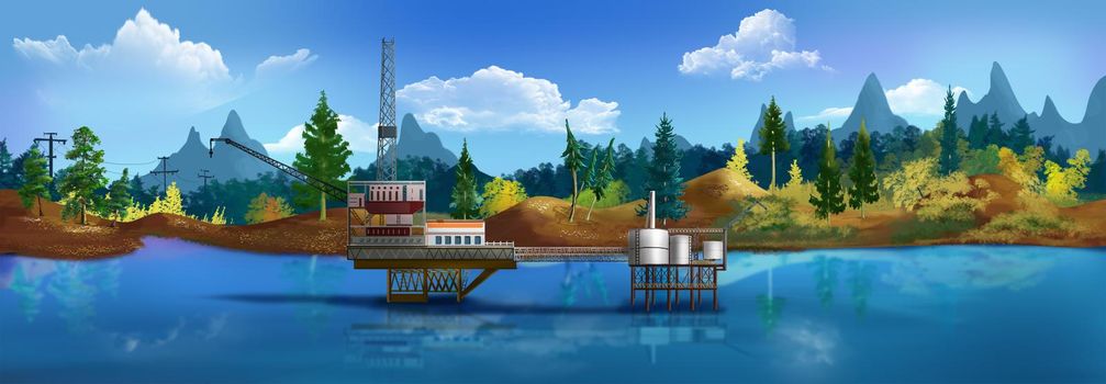 Oil platform in the sea on a sunny day. Digital Painting Background, Illustration.