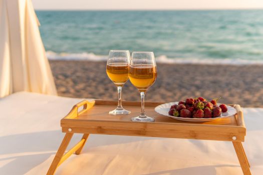 Wine tray restaurant two sea rest copyspace summer sunny provence, concept drink travel in romantic and blue water, celebration coast. Concept weekend table,