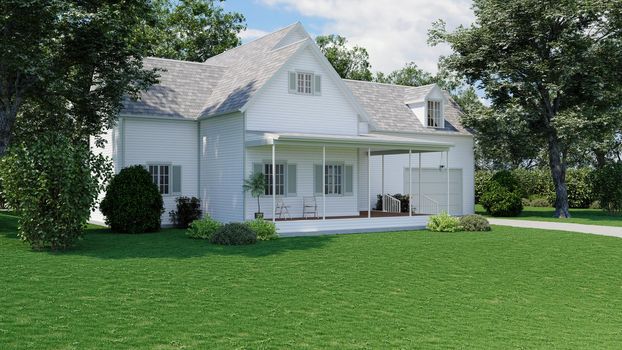 Beautiful house with white siding. 3D rendering of a house with a landscape. American house with a garage.