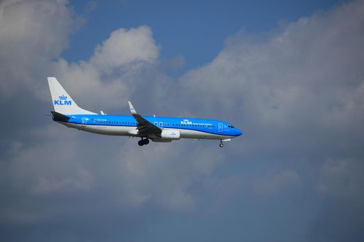 Amsterdam the Netherlands - August 27th 2017: PH-HSE KLM Royal Dutch Airlines Boeing 737-800 approaching Schiphol Amsterdam Airport Kaagbaan runway