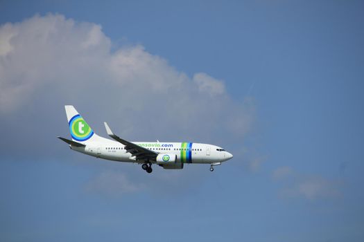 Amsterdam the Netherlands - August 27th 2017: PH-XRB Transavia Boeing 737-700 approaching Schiphol Amsterdam Airport Kaagbaan runway