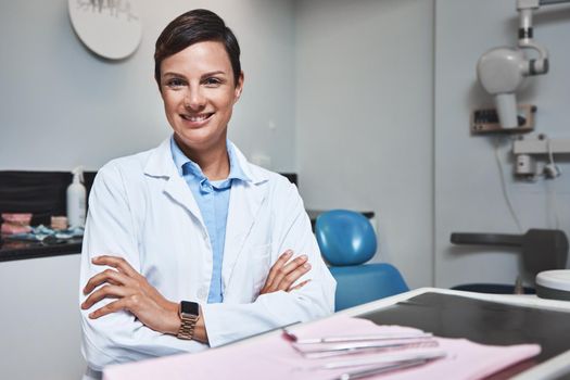 I promise a pain free and positive experience. Portrait of a confident young woman working in a dentists office