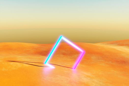 3d render, abstract modern minimal neon background. Glowing square frame in the middle of the empty desert. Futuristic cover mockup with copy space.