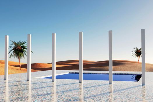 Oasis at sunset in a sandy desert, a panorama of the desert with palm trees and swimming pool, 3d illustration