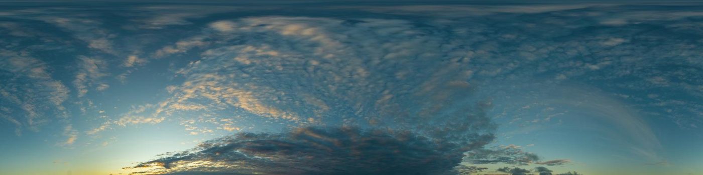 Dark blue twilight sky panorama with Cumulus clouds. Seamless hdr 360 panorama in spherical equiangular format. Full zenith or sky dome for 3D visualization, sky replacement for aerial drone panoramas