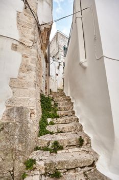 Admirable architecture of an ancient streets decorated with plants in flowerpots. Old steps leading up. Downtown, white city Ostuni, Bari, Italy. Tourism, travel concept.