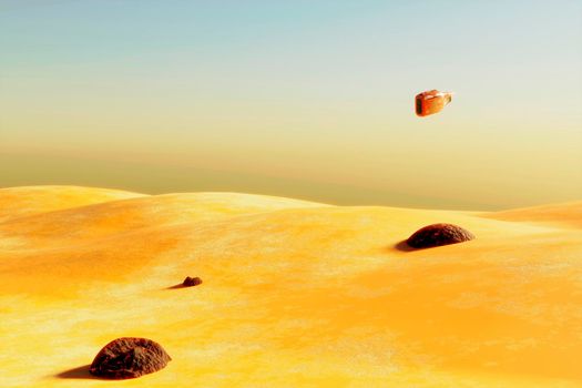 Surreal desert landscape with spaceship flying over land Modern minimal abstract background. 3d illustration