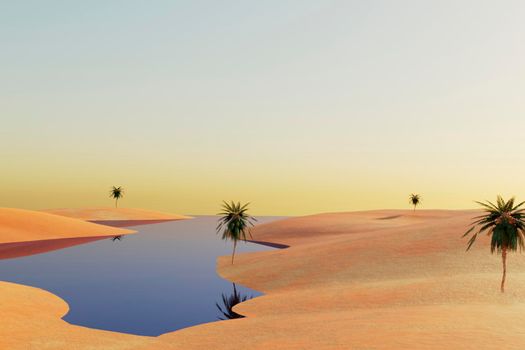 Oasis at sunset in a sandy desert, a panorama of the desert with palm trees and lake, 3d illustration