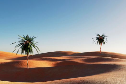 Sunset in a sandy desert, a panorama of the desert with palm trees, 3d illustration