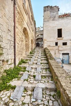 Scenic view of the age-old town of Matera - european capital of culture in 2019, Sassi district, southern Italy. Ancient houses of an old stone city, Unesco heritage site.