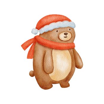 Watercolor Baby Bear character with winter scarf and hat. Hand drawn cute woodland animal. Cartoon illustration isolated on white.