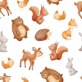 Seamless watercolor pattern with cute forest characters. Bear, bird, fox, deer and other animals stylized