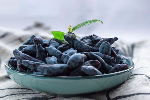 Closeup fresh blue honeysuckle or haskap berry on plate on fabric napkin, summer fruit dessert, natural organic healthy concept eco food, environmentally friendly sustainability, low angle shooting