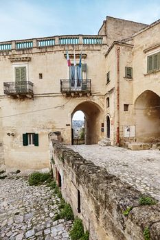 Scenic paysage of the age-old town of Matera - european capital of culture in 2019, Sassi district, southern Italy. Ancient houses of an old stone city, Unesco heritage site.