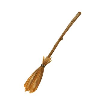 Broomstick isolated on white background. Watercolor Halloween illustration. Housework tool. Wooden broomstick clipart.