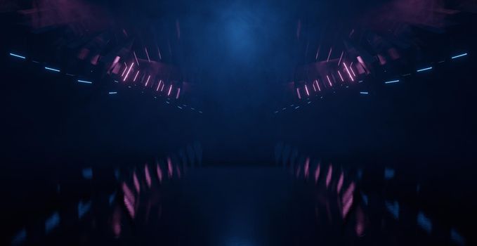 Fantasy Cement Concrete Sci Fi Futuristic Cyber Neon Electric Laser Lights Tunnel Corridor Hallway Dark Spaceship Underground Dark Smoke Purple Geometric Background Wallpaper 3D Render