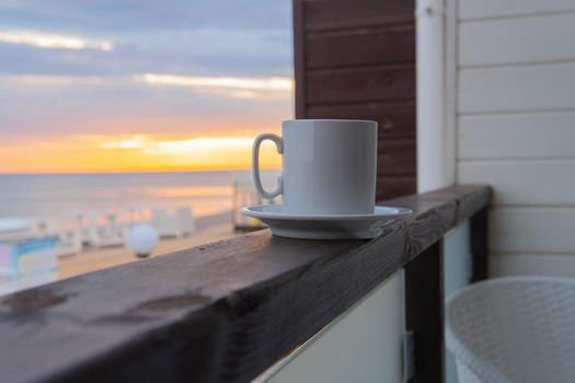 Sea beach coffee cup background travel mug ocean white blue, concept summer art in cafe from abstract holiday, sun ceramic. Color pool sunglasses,