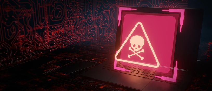 Computer System Error, Virus, Cyber attack, Malware Hack Concept Danger Skull Symbol. 3d Rendering.