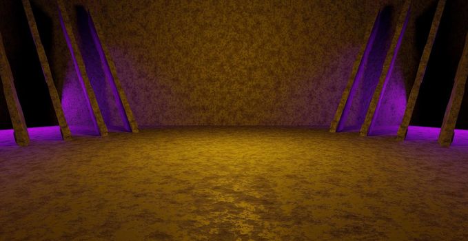 Grunge Empty Dark Rusty Showroom With Pillars Quiet Bright Purple Banner Background Wallpaper 3D Rendering