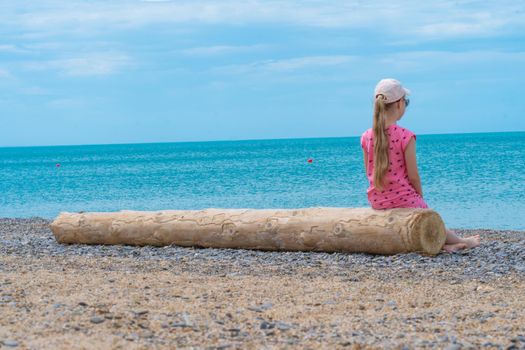 Girl sea nature summer rock log vacation beach tourist sky, for woman tourism from landscape from coast calm, back cove. Loneliness olkhon peace,