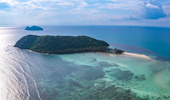 Aerial view of Thong Sala pier, boat and koh Tae Nai in koh Phangan, Thailand, south east asia