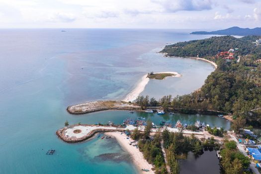 Aerial view of Thong Sala pier, boat and koh Tae Nai in koh Phangan, Thailand, south east asia