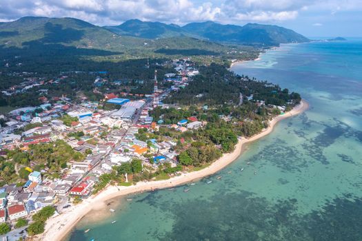 Aerial view of Thong Sala pier, boat and koh Tae Nai in koh Phangan, Thailand, south east asia